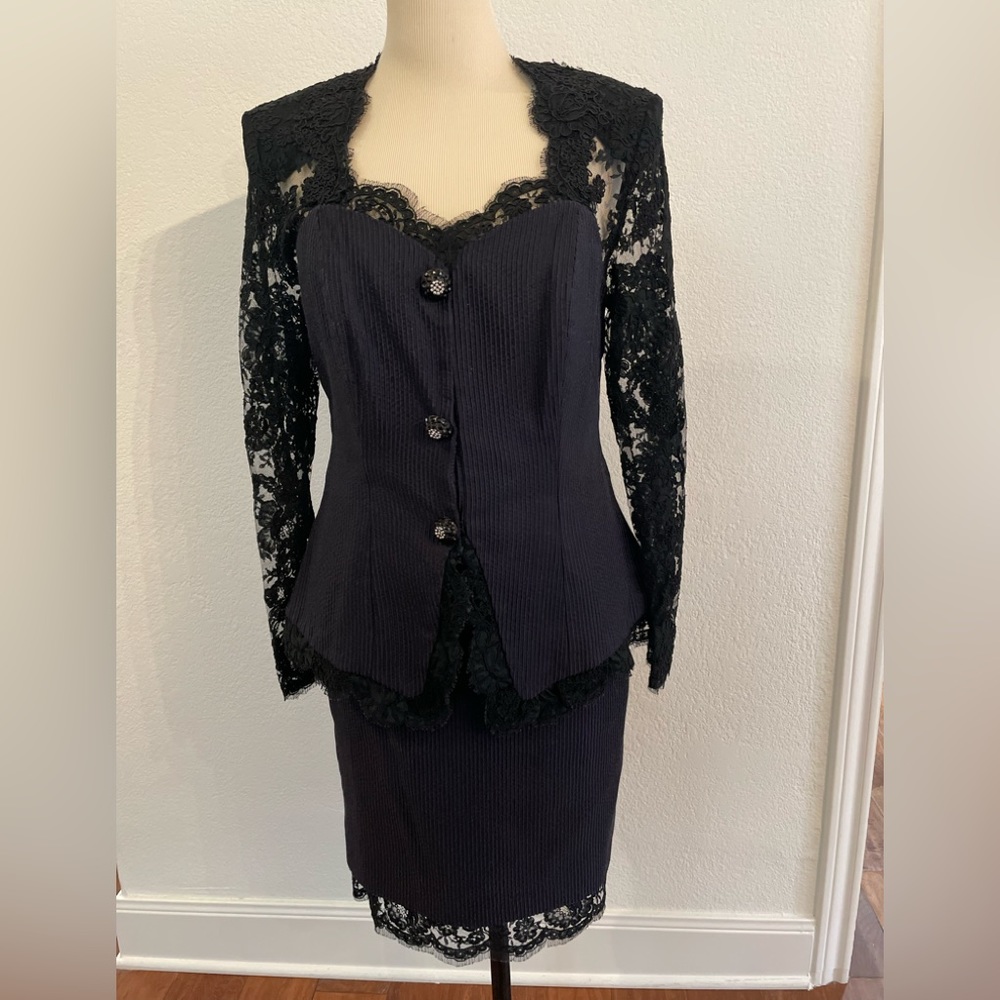 Women's Lace Embellished Skirt suit with rhinestone buttons